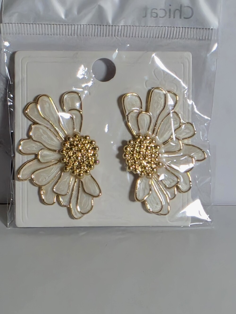 Gold and White Floral Statement Earrings - Women Jewelry